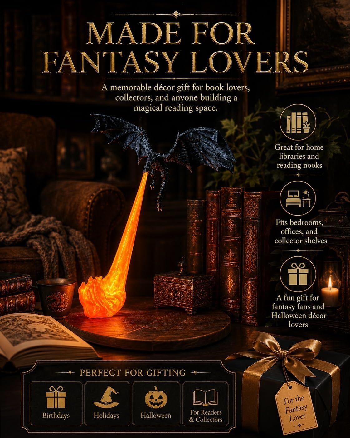 Dragon Bookshelf Nook Light – 3D Printed Fire-Breathing Fantasy Shelf Decor