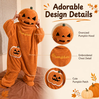 Pumpkin Onesie Halloween Fleece Costume – Oversized Hooded Jumpsuit for Women