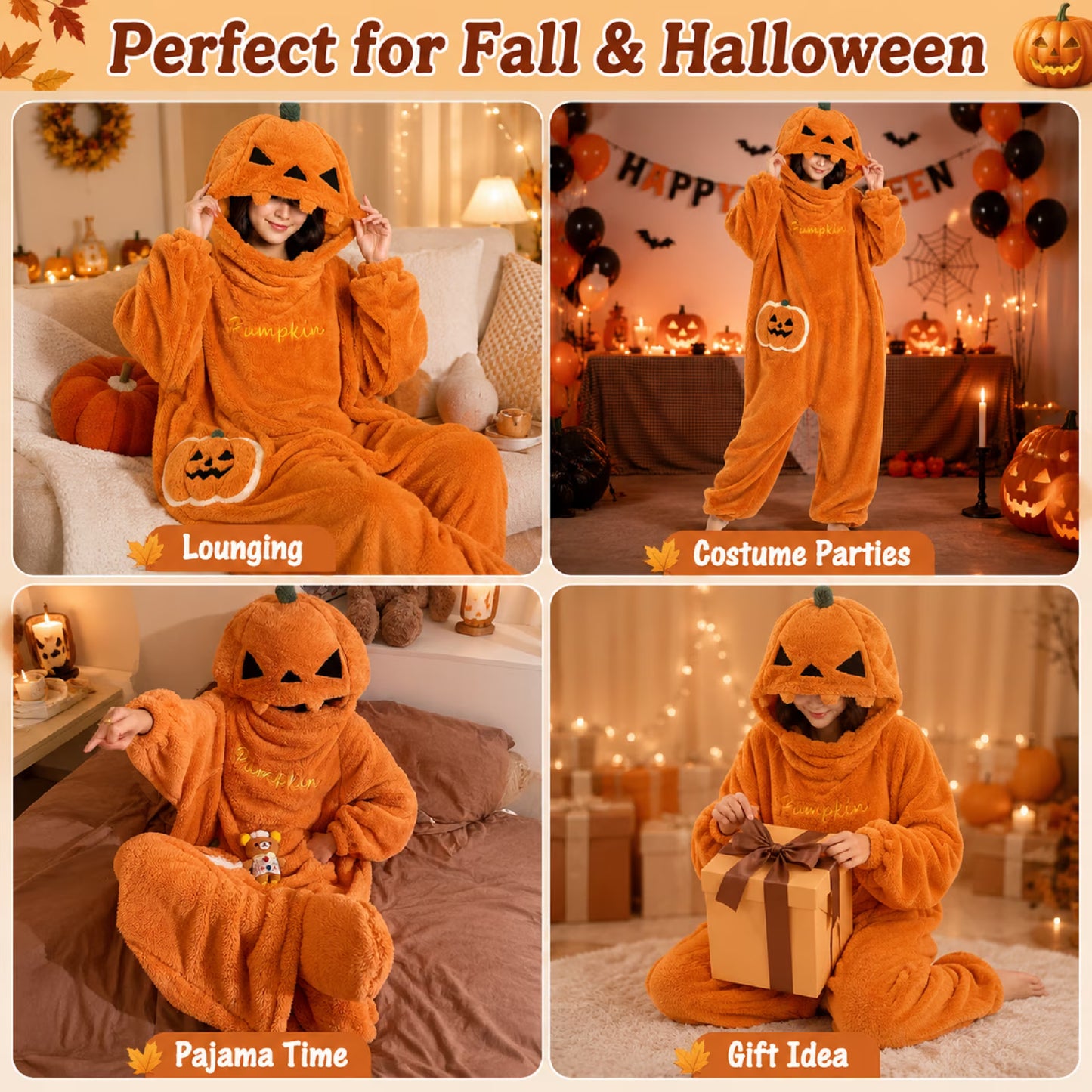 Pumpkin Onesie Halloween Fleece Costume – Oversized Hooded Jumpsuit for Women