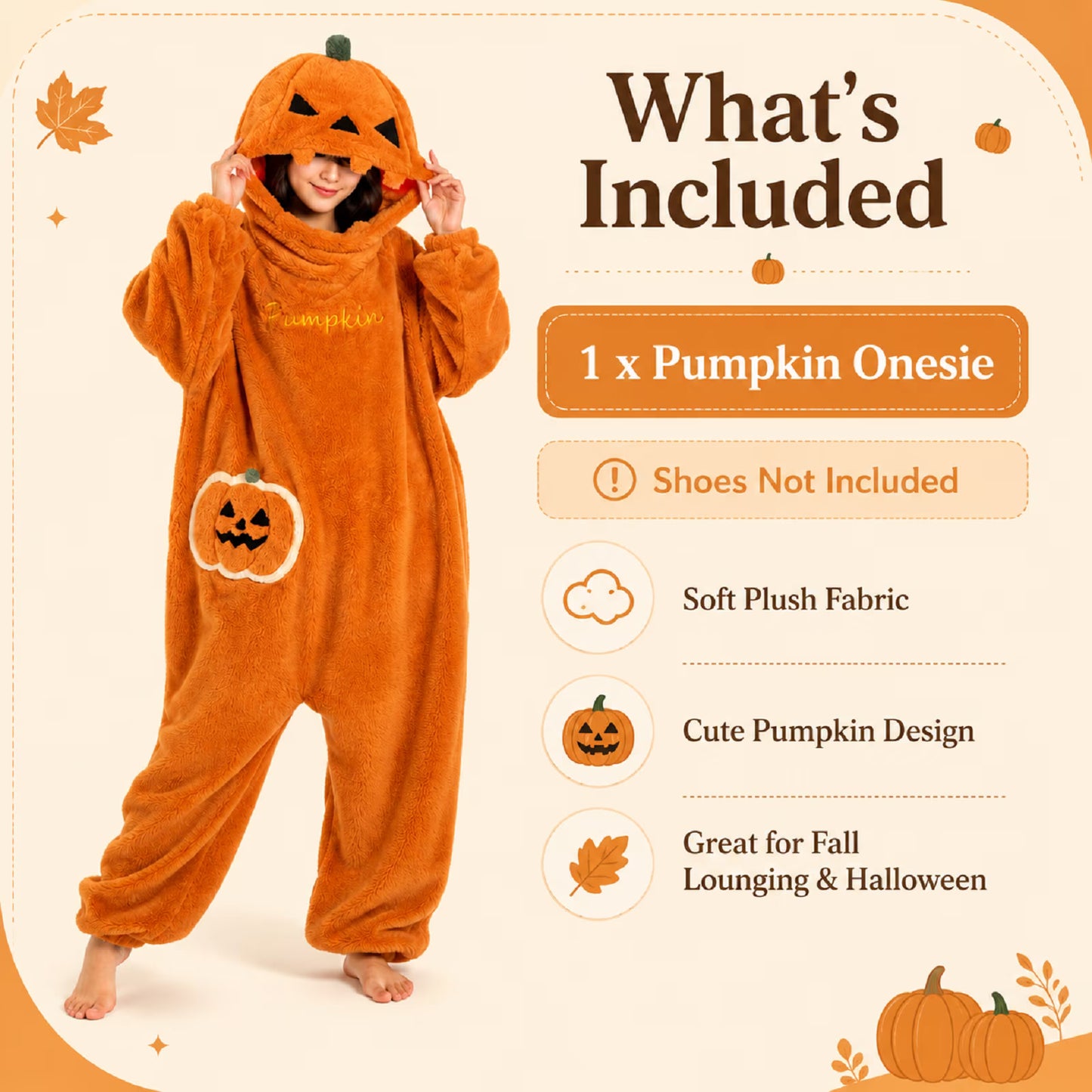 Pumpkin Onesie Halloween Fleece Costume – Oversized Hooded Jumpsuit for Women