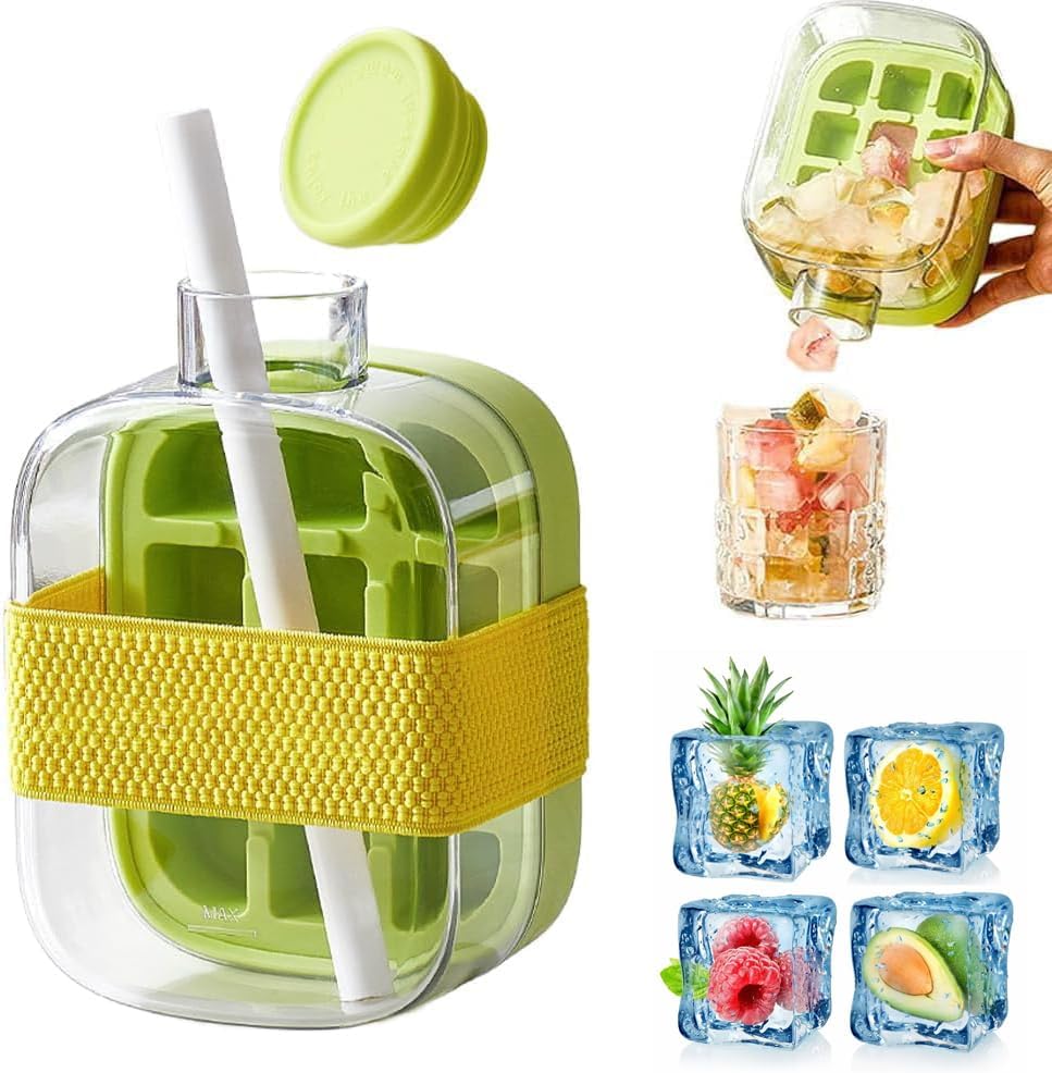 2-in-1 Portable Ice Cube Mold Bottle with Lid & Straw – 16.9oz No-Touch Ice Maker