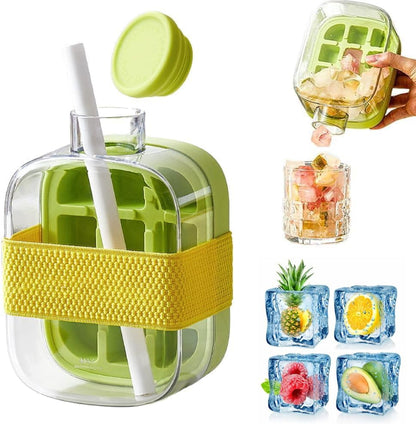 2-in-1 Portable Ice Cube Mold Bottle with Lid & Straw – 16.9oz No-Touch Ice Maker