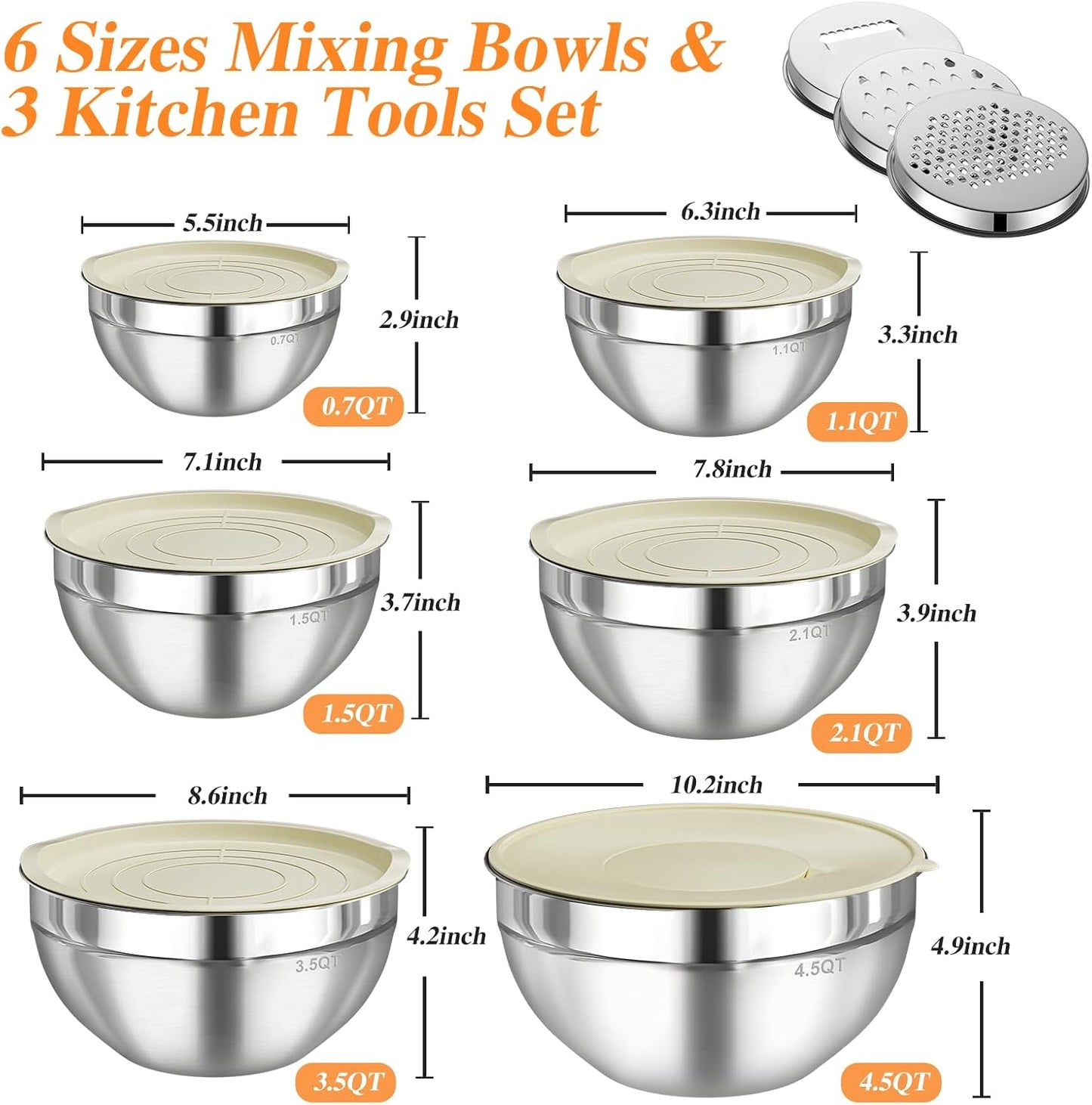Mixing Bowls with Lids Set 6 PCS – Stainless Steel with 3 Grater Attachments