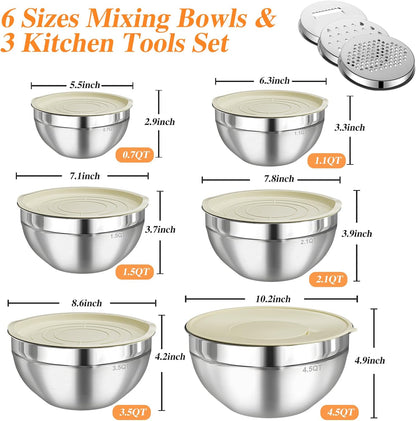 Mixing Bowls with Lids Set 6 PCS – Stainless Steel with 3 Grater Attachments