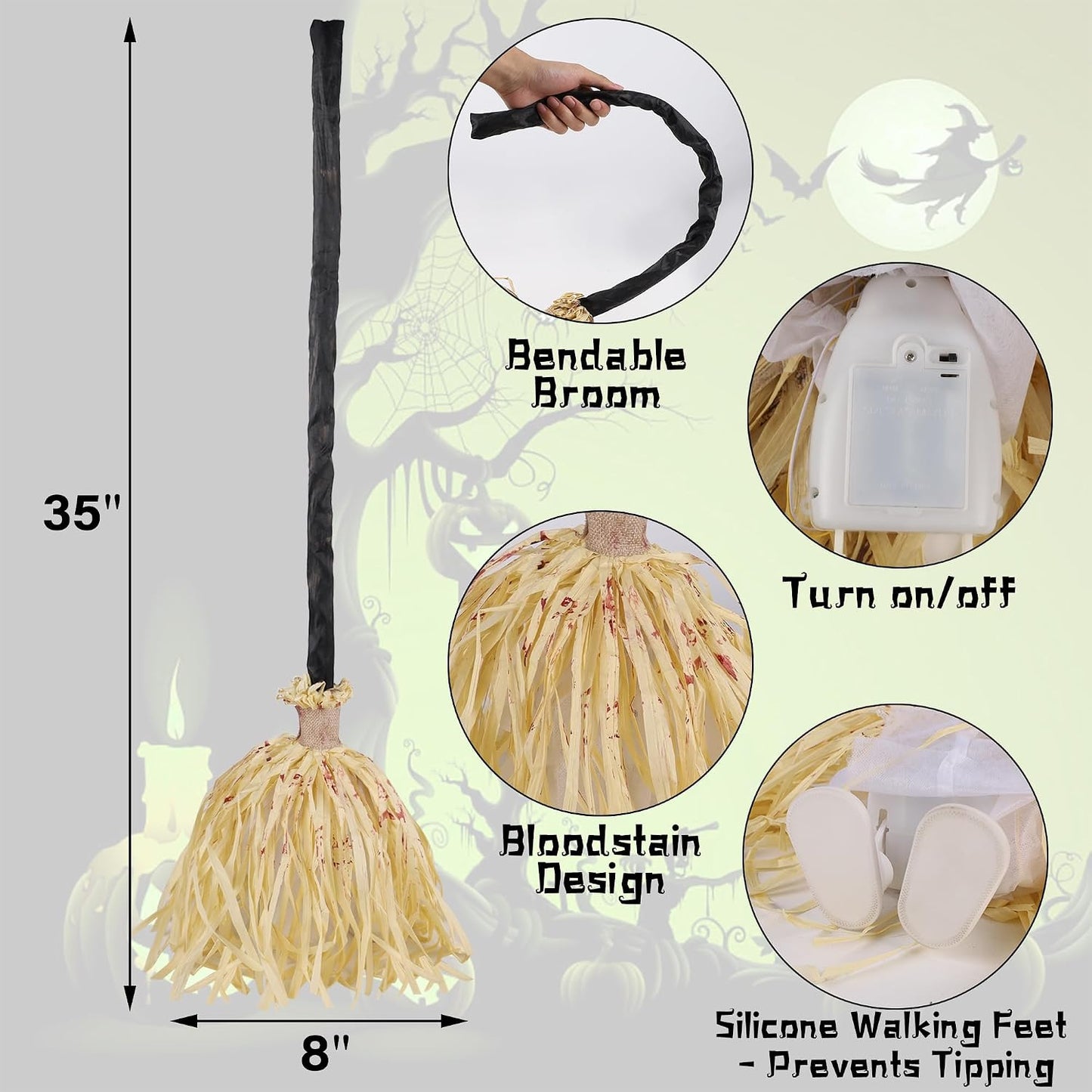 DR.DUDU 35" Animated Witch Broom – Moving, Sound & Touch Activated Halloween Decor