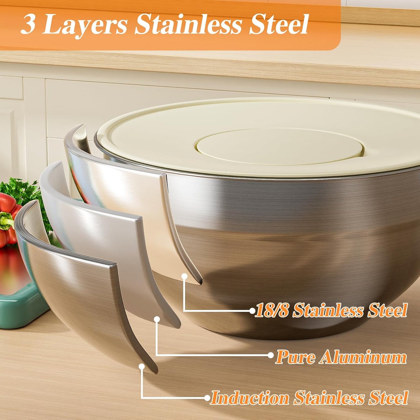 Mixing Bowls with Lids Set 6 PCS – Stainless Steel with 3 Grater Attachments
