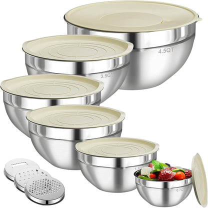 Mixing Bowls with Lids Set 6 PCS – Stainless Steel with 3 Grater Attachments