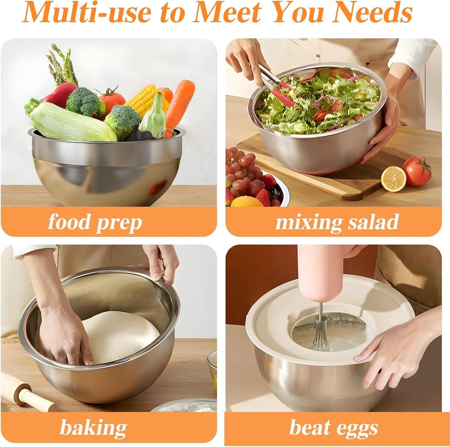 Mixing Bowls with Lids Set 6 PCS – Stainless Steel with 3 Grater Attachments