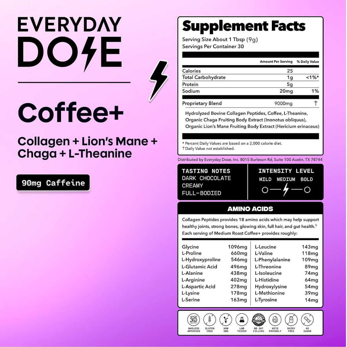 Everyday Dose Bold Mushroom Coffee – Medium Roast with Collagen, Lion’s Mane, Chaga & L-Theanine (30 Servings)