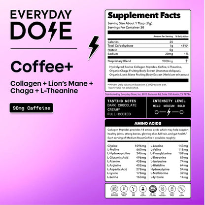 Everyday Dose Bold Mushroom Coffee – Medium Roast with Collagen, Lion’s Mane, Chaga & L-Theanine (30 Servings)