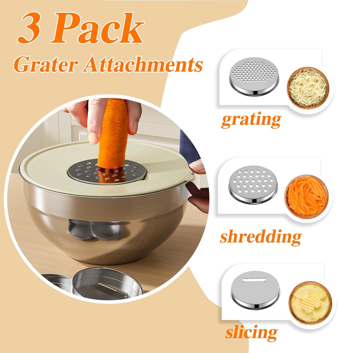 Mixing Bowls with Lids Set 6 PCS – Stainless Steel with 3 Grater Attachments