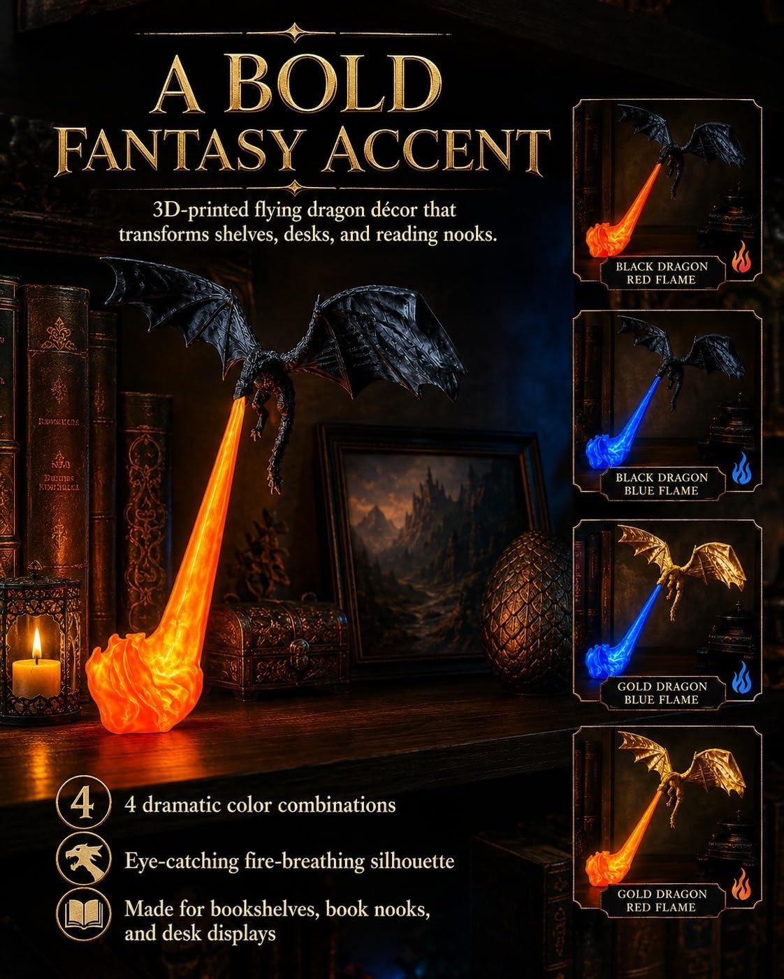 Dragon Bookshelf Nook Light – 3D Printed Fire-Breathing Fantasy Shelf Decor