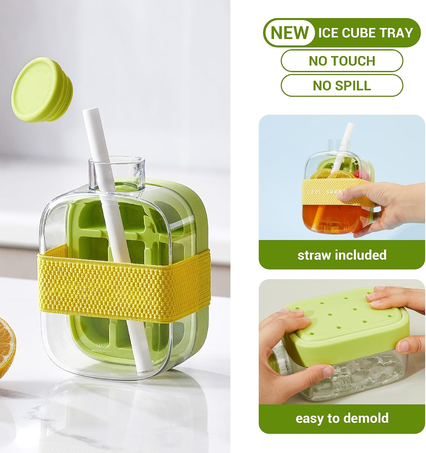 2-in-1 Portable Ice Cube Mold Bottle with Lid & Straw – 16.9oz No-Touch Ice Maker