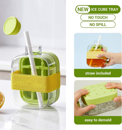 2-in-1 Portable Ice Cube Mold Bottle with Lid & Straw – 16.9oz No-Touch Ice Maker