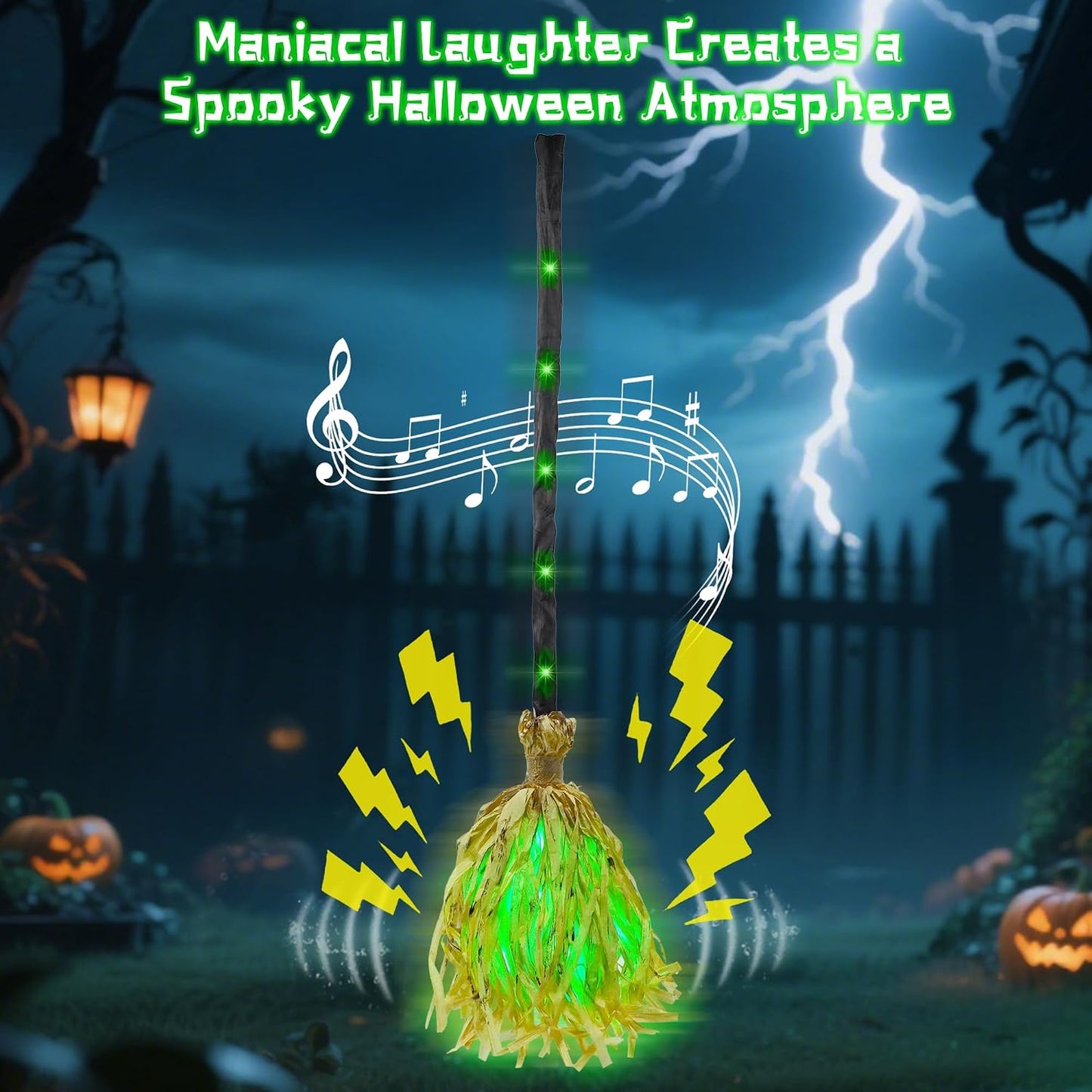 DR.DUDU 35" Animated Witch Broom – Moving, Sound & Touch Activated Halloween Decor