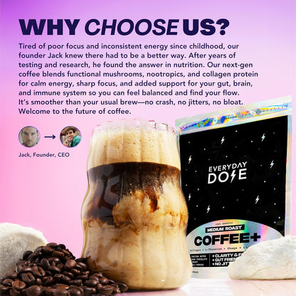 Everyday Dose Bold Mushroom Coffee – Medium Roast with Collagen, Lion’s Mane, Chaga & L-Theanine (30 Servings)