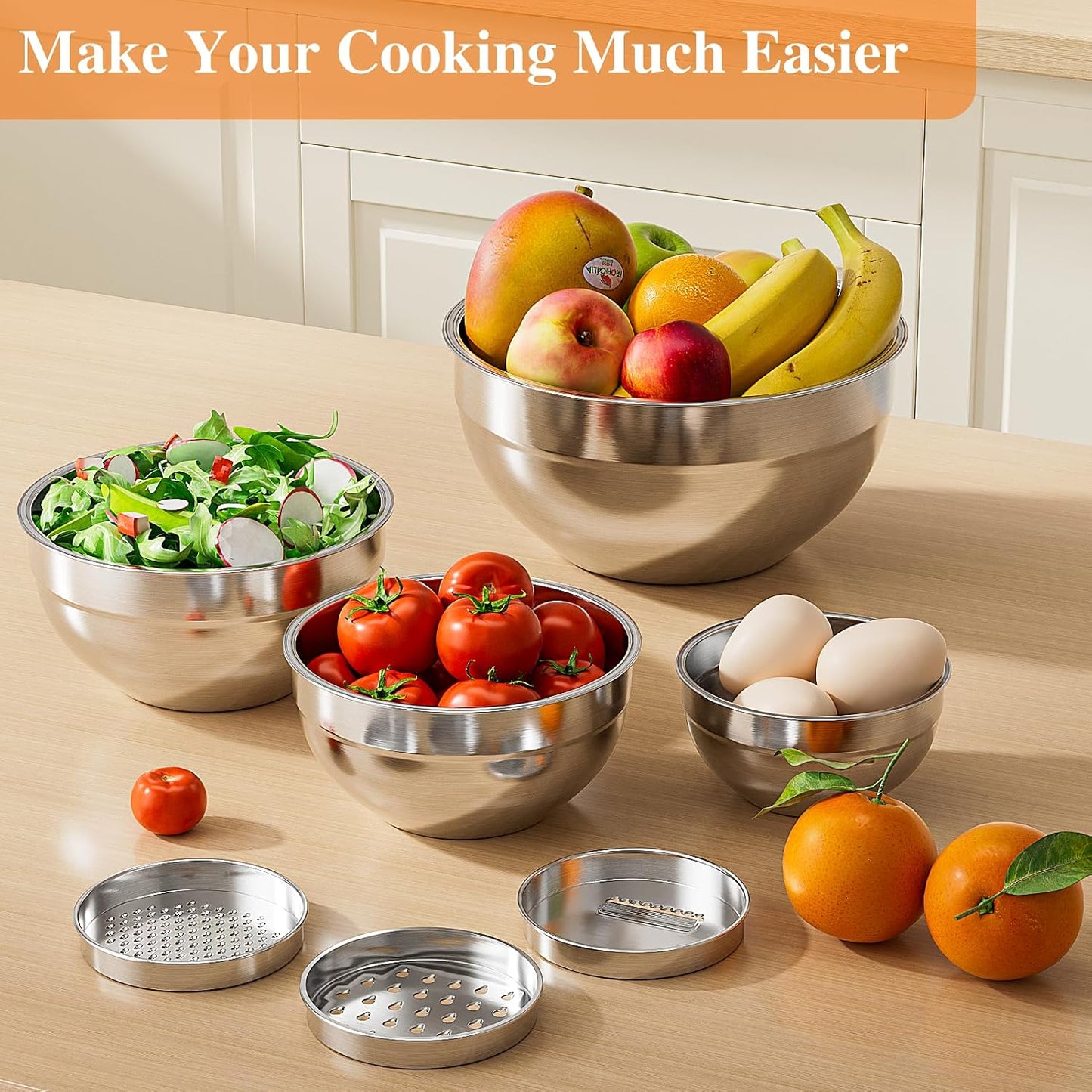 Mixing Bowls with Lids Set 6 PCS – Stainless Steel with 3 Grater Attachments