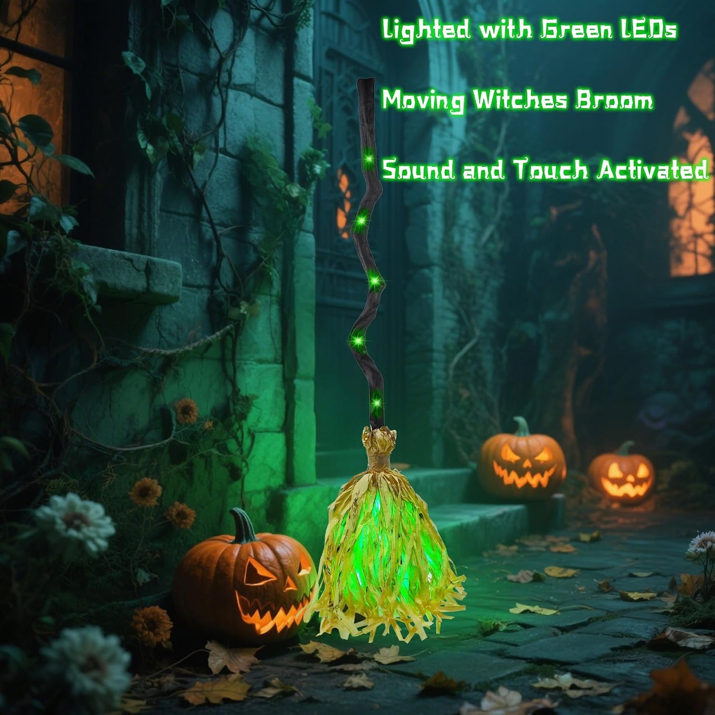 DR.DUDU 35" Animated Witch Broom – Moving, Sound & Touch Activated Halloween Decor