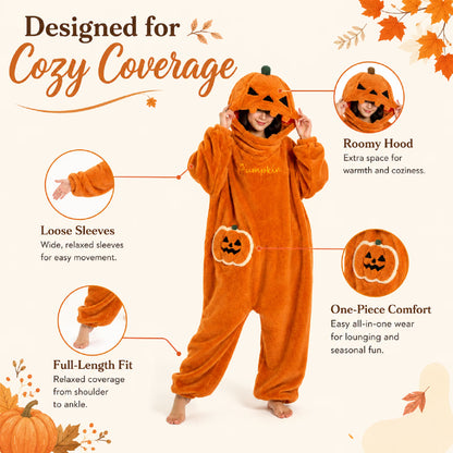 Pumpkin Onesie Halloween Fleece Costume – Oversized Hooded Jumpsuit for Women