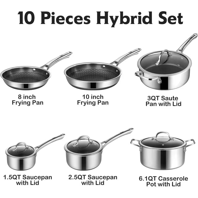 SNOWCLAD Pots and Pans Set Non-Stick | 10 Pcs Hybrid Stainless Steel Cookware Set