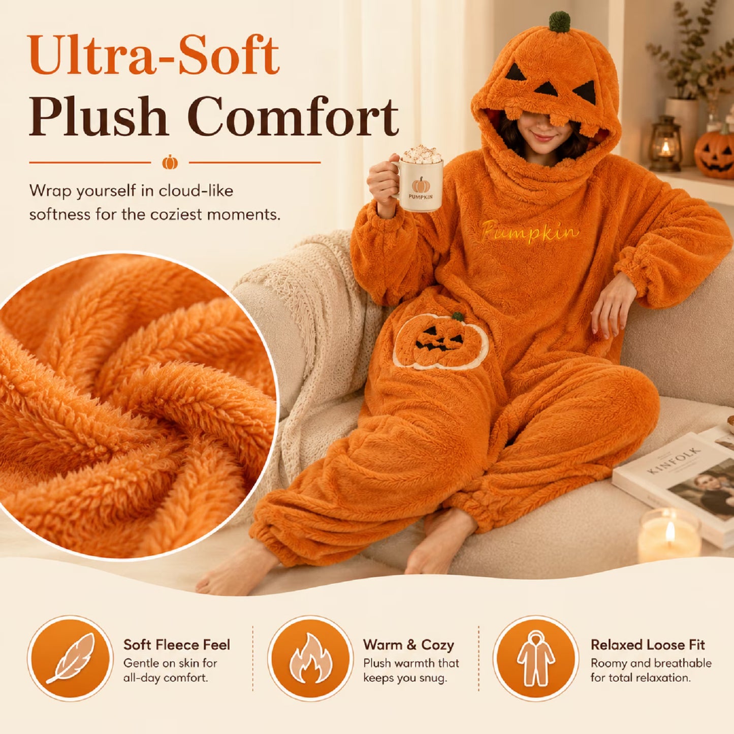 Pumpkin Onesie Halloween Fleece Costume – Oversized Hooded Jumpsuit for Women