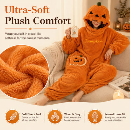 Pumpkin Onesie Halloween Fleece Costume – Oversized Hooded Jumpsuit for Women