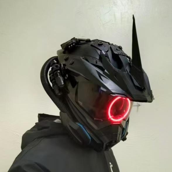 LED Cyberpunk Motorcycle Helmet – Handmade Racer Party Mask with Clear Vision Visor