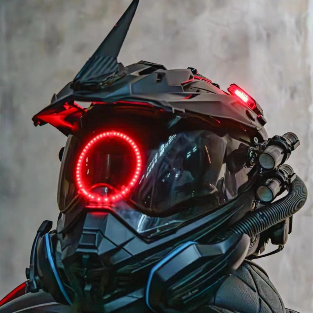 LED Cyberpunk Motorcycle Helmet – Handmade Racer Party Mask with Clear Vision Visor