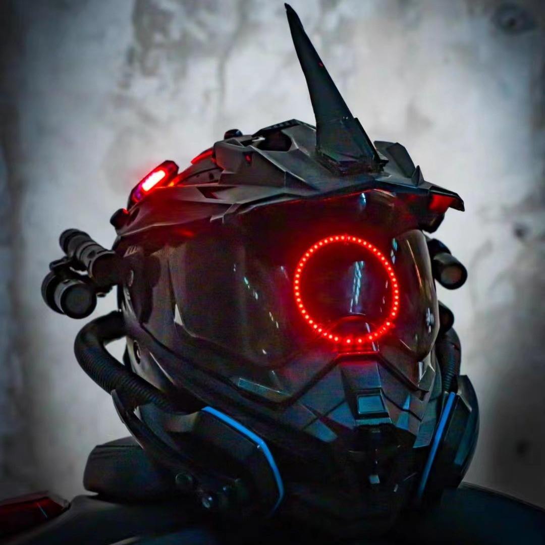 LED Cyberpunk Motorcycle Helmet – Handmade Racer Party Mask with Clear Vision Visor