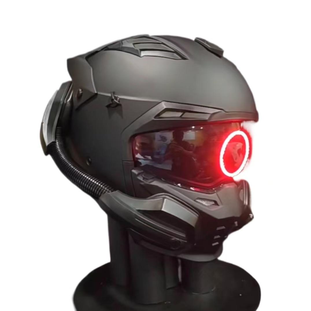 LED Cyberpunk Motorcycle Helmet – Handmade Racer Party Mask with Clear Vision Visor