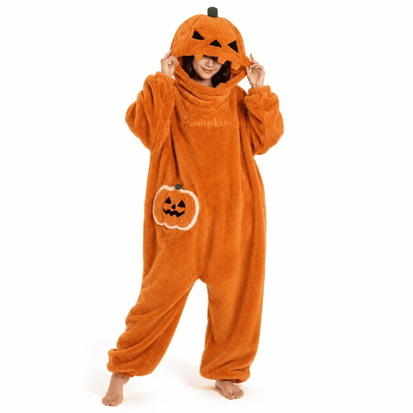 Pumpkin Onesie Halloween Fleece Costume – Oversized Hooded Jumpsuit for Women