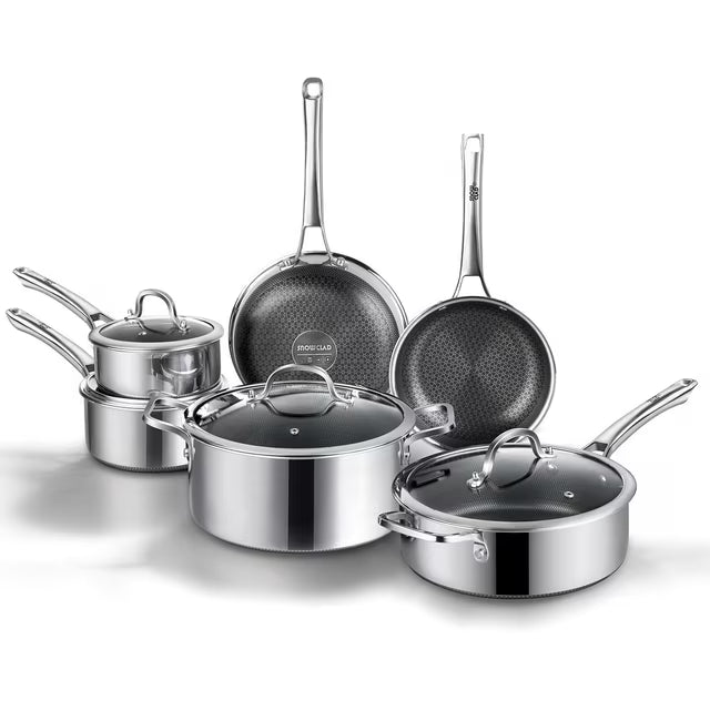 SNOWCLAD Pots and Pans Set Non-Stick | 10 Pcs Hybrid Stainless Steel Cookware Set