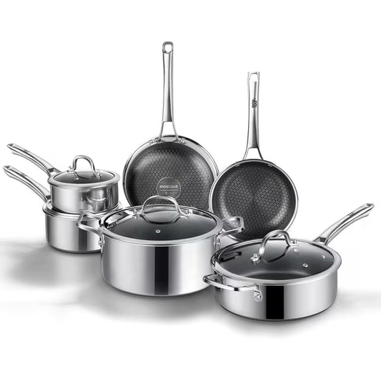 SNOWCLAD Pots and Pans Set Non-Stick | 10 Pcs Hybrid Stainless Steel Cookware Set