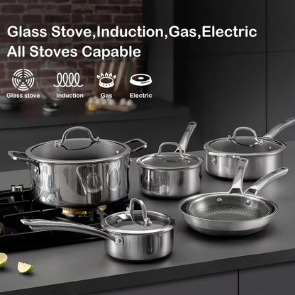 SNOWCLAD Pots and Pans Set Non-Stick | 10 Pcs Hybrid Stainless Steel Cookware Set