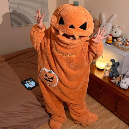 Pumpkin Onesie Halloween Fleece Costume – Oversized Hooded Jumpsuit for Women