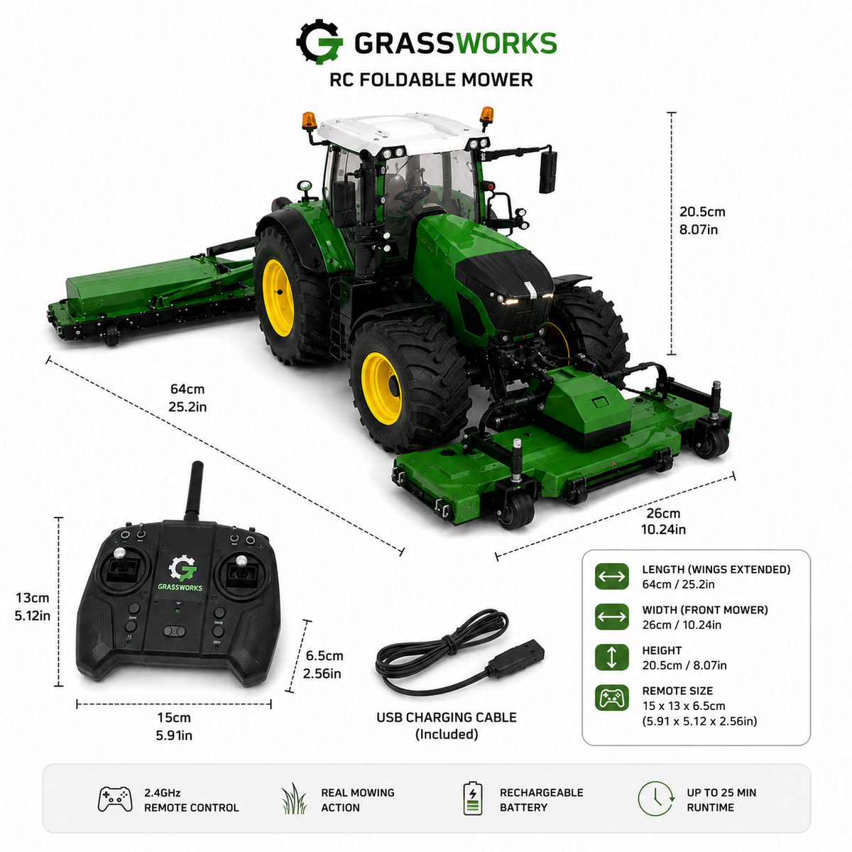 GrassWorks GX-64 FoldDeck – RC Tractor Mower with Folding Deck